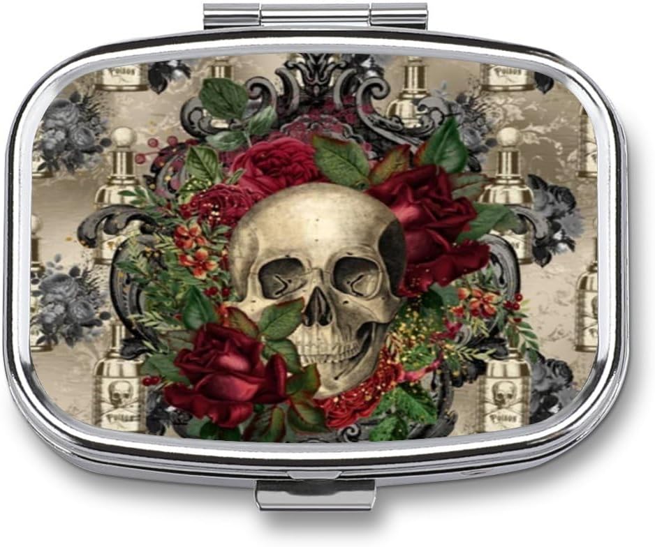 Metal 2 Osasto Pill Organizer Travel Friendly Portable Compact Pill Box Söpö pilleri Case Hold Vitamiinit,Kalaöljy, Täydyksiä,Meds,Tablet laukku, tasku. (Skull)