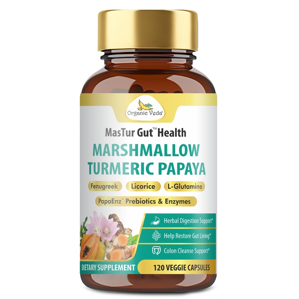 Organic Veda Marshmallow Turmeric Gut Supplement - Digestion Health, Leaky Gut Repair & Cleanse Support - Papaya Digestive Enzymes, Prebiotics, L-Glutamine, Green Banana, Psyllium Husk - 120 kapsel