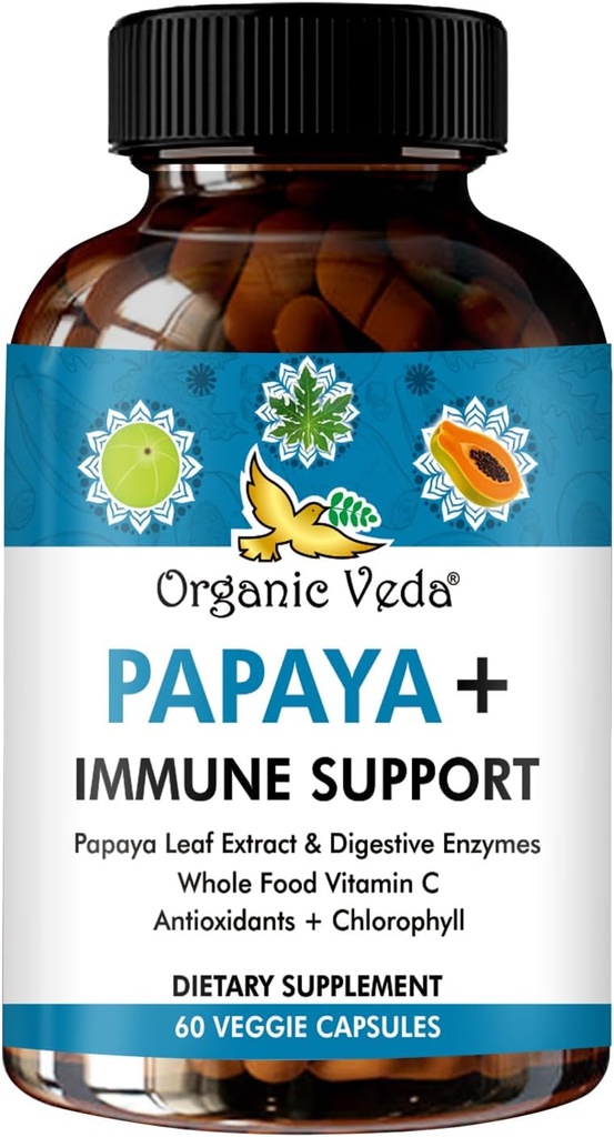 Luomu Veda Papayan Leaf Plus täydennysosa - Verihiutale Super Extract Immuunikapselit Papaya Dgestive Enzymes, klorofylli, Grape Seed Extract, C-vitamiini - Bone Marrow & Gut Health - 60 lla