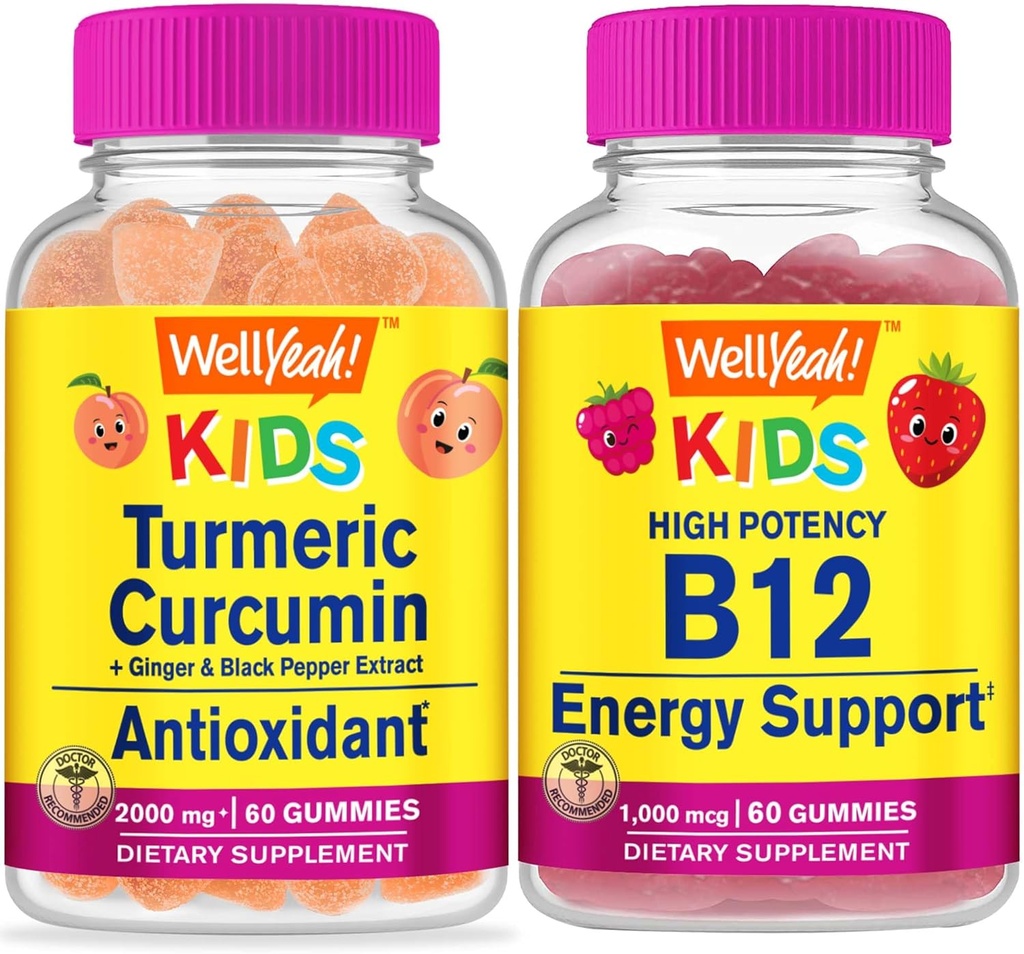 WellYeah Turmeric Curcumin Kids + B12-vitamiini Lapset, Gummies Bundle - suuri maistelu, vitamiini täydentää, gluteeniton, GMO-vapaa, purukumi