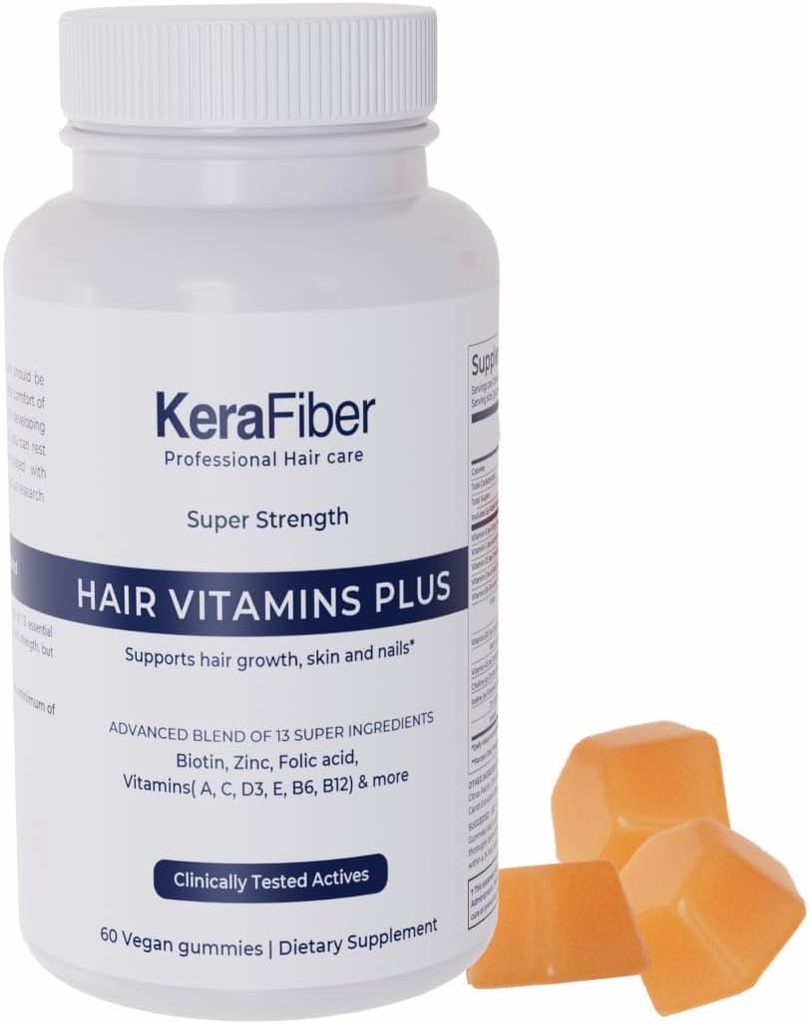 KeraFiber Professional Hair Vitamins Plus Gummies - Biotin Hair Growth Supplements - Vegan Hair Vitamins med Zink, vitamin A, C, D, E, B6, B12 - Stöder hårväxt, hud och naglar - 60 greve