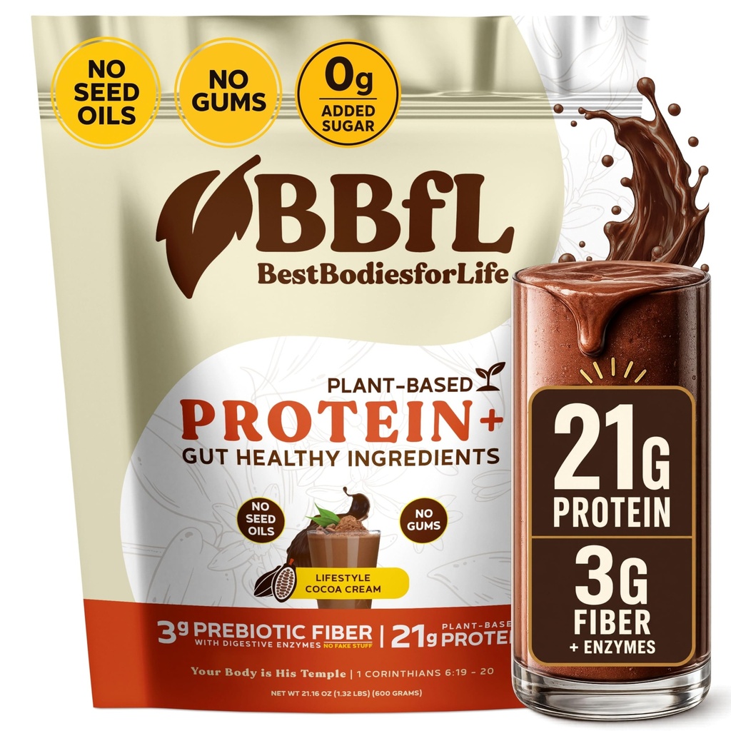 BBfL Kasviproteiini Shake 21g Vegaaniproteiini, kaakao + omenaviinietikka, prebiootit, digestiiviset entsyymit, tukee Gut Health All-in-One Shake for Women & Men (15 Servings, Cocoa Cream)