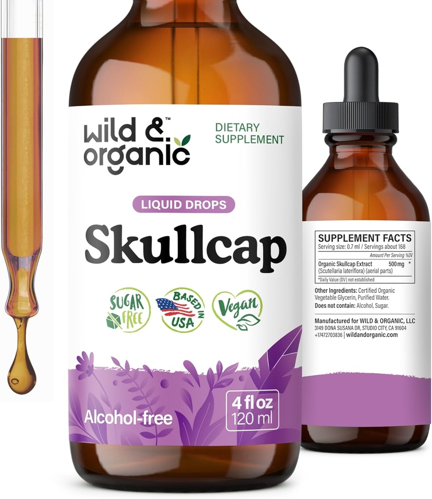 Wild & Organic Skullcap Herb Tincture - Skullcap täydentää mielialatuki - rentouttava nesteuute tippa - Vegan, sokeri ja alkoholiton - 4 fl oz
