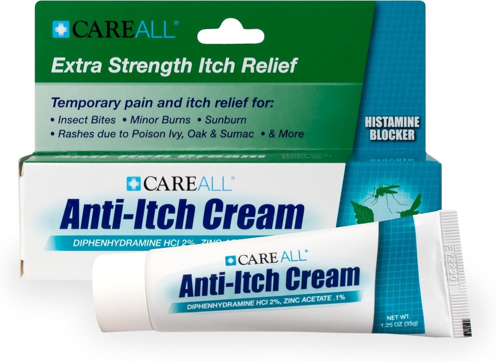 CareAll Anti-Itch Cream 1.25oz Histamine Blocking, Diphenhydramine HCI 2% en aktuell analgesic & Zink Acetate 0.1% en hudskyddsmedel ger tillfällig smärta och nedre lättnad från vanliga utomhus kliar
