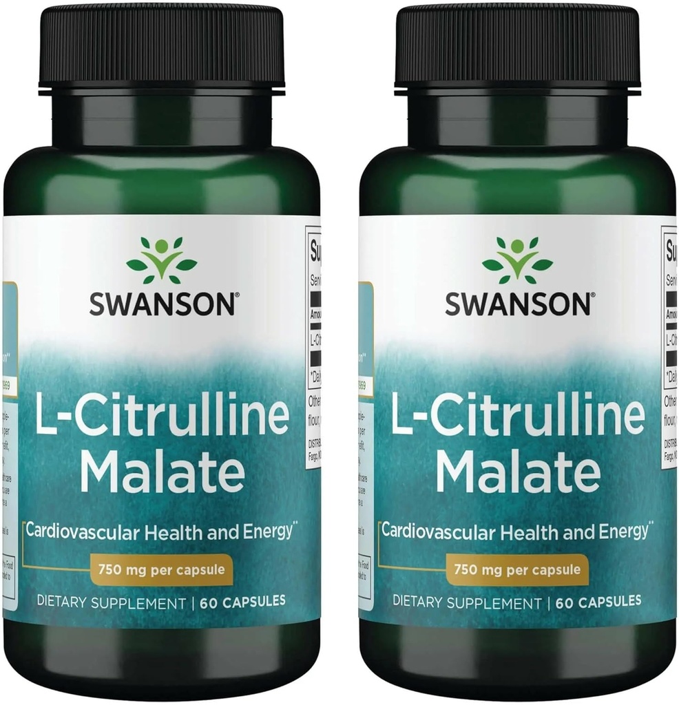 Swanson L-Citrulline Malate - Amino Acid Supplement främjar energiproduktion och hälsosam blodcirkulation - naturlig formel som stöder övergripande välbefinnande - (60 kapslar, 750 mg vardera) (2 Pack)