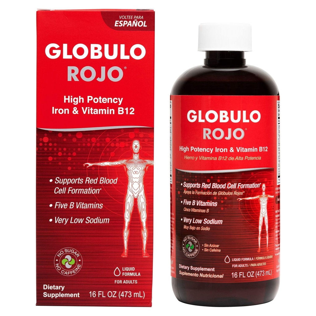 Globulo Rojo Iron Supplement - Liquid Dietary Supplement med High Potency Iron & B Vitamins (Vegan) (16 Fl Oz (Pack av 1))