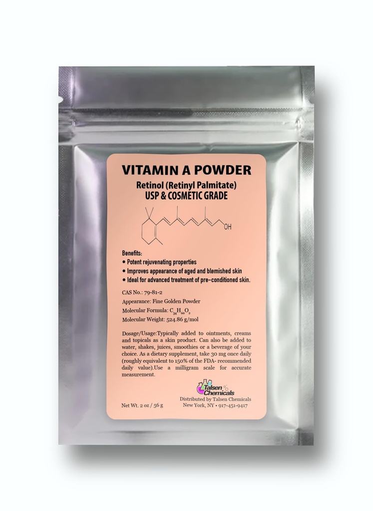 A-vitamiini Jauhe Retinyylipalmitaatti, puhdas retinoli Kuiva-aine Vesiliukoinen A-vitamiini USP & kosmeettinen aste (2 oz. / 56 grammaa)