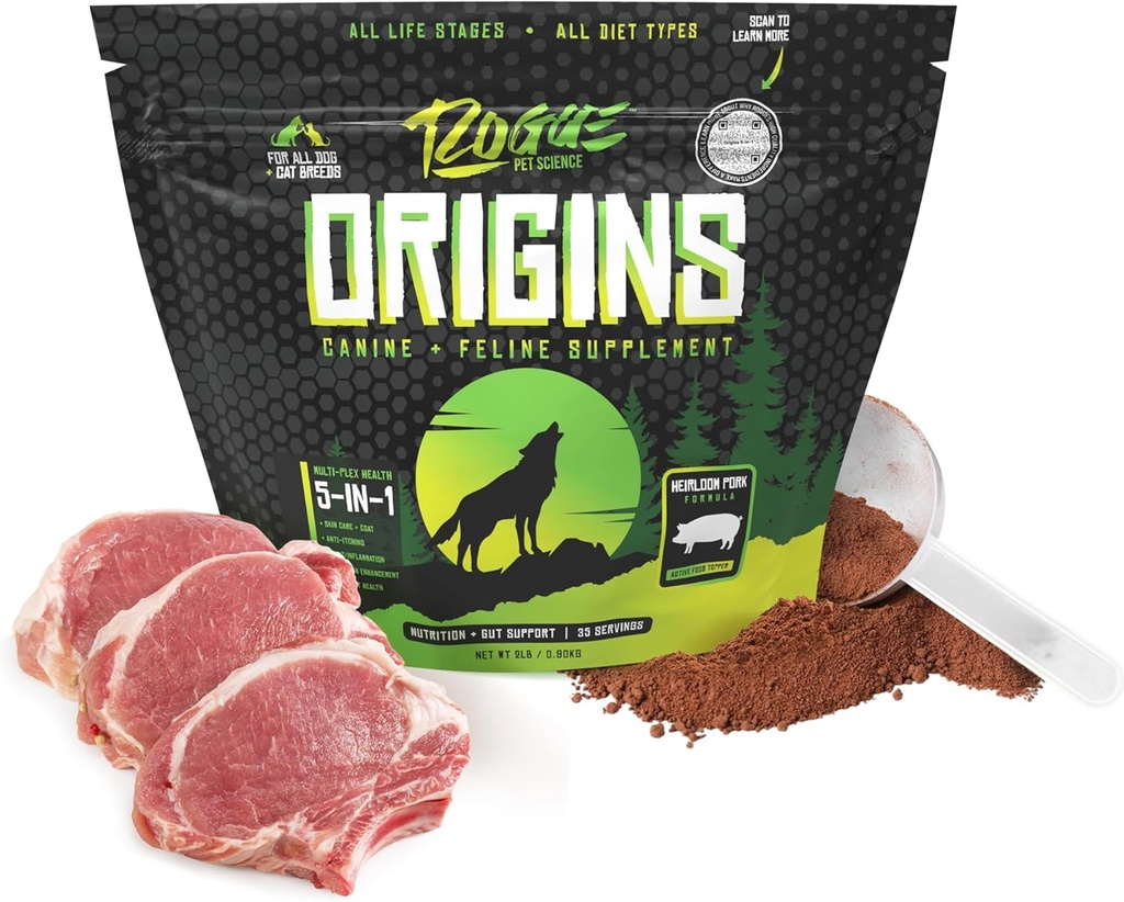ROGUE PET SCIENCE Origins 5-i-1 Dog Supplement - Powdered Food Topper w/Natural Heirloom Pork Protein- Stöder Hälsosam Digestion, Hud och Coat - Hjälper till att minska Itching & Joint Inflammation (2 lbs)