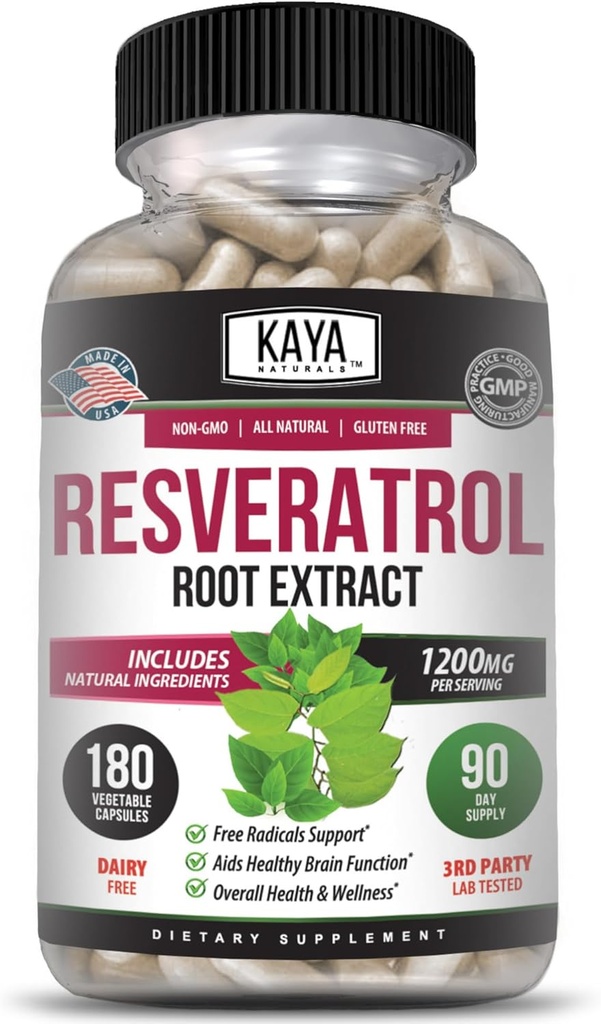 Kaya Naturals - Resveratrol kapselit - Anti ikääntymistä täydentää - Antioksidantteja aivojen tuki - suurin hyöty - 180 kasviksia kapselit