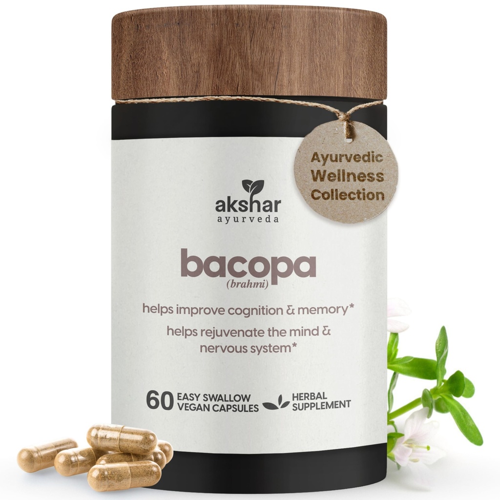 AKSHAR Ayurveda - Bacopa 500mg Brahmi Supplement, nuorennusjärjestelmä, Bacopa pillereitä tukemaan kognitiivisia toimintoja aikuisille, Vegaani Cruelty Free Bacopa Monnieri (60 kreivi)