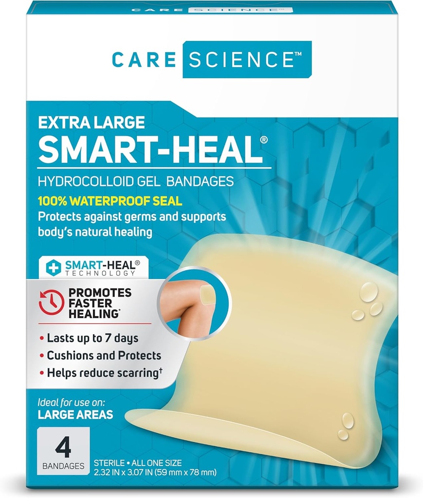 Care Science Smart Heal Hydrocolloid, suuri, 2.3 x 3 in, 4CT 100% vedenpitävä tiiviste edistää paranemista, vähentää arpeutumista