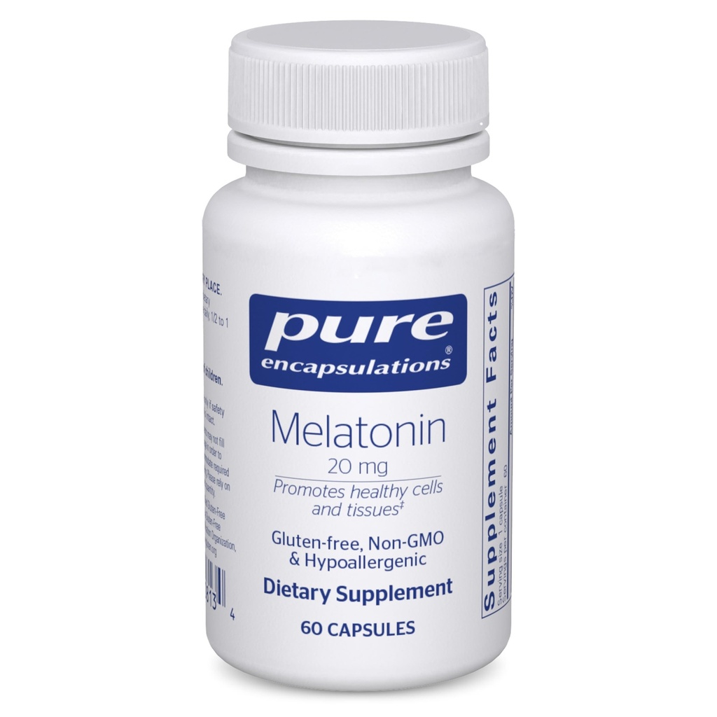 Puhtaat kapselit Melatoniini 20 mg - ei tarkoitettu unilääkkeeksi - immuunijärjestelmän ja terveiden solujen hoitoon - 99, 5% Puhtaus Melatoniini - Gluteeniton ja muu kuin GMO - 60 kapselia
