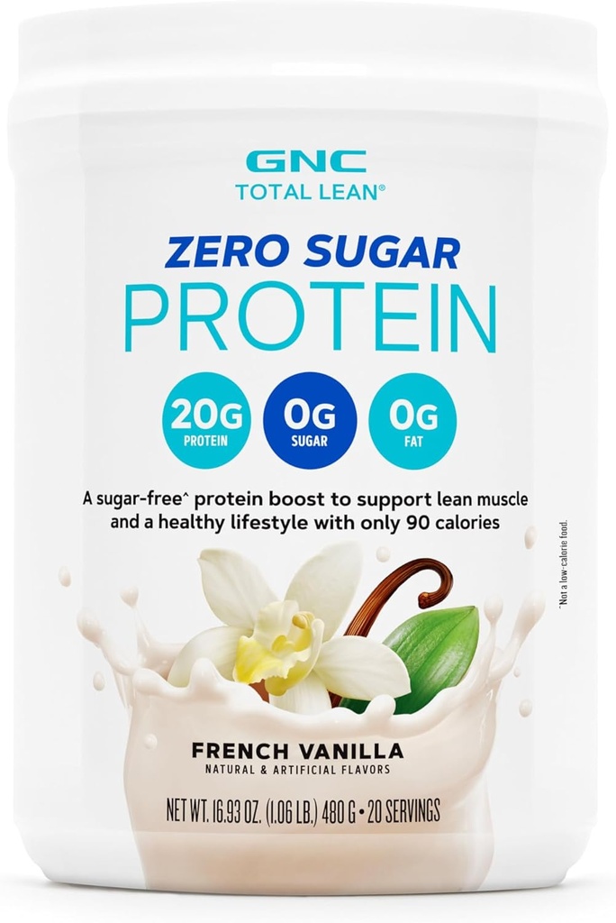 GNC Total Lean Zero Sugar Protein Powder, 20g, Ei sokeria, Ei rasvaa, 90 kaloreita, Ranskan vanilja, 20 tarjoilua
