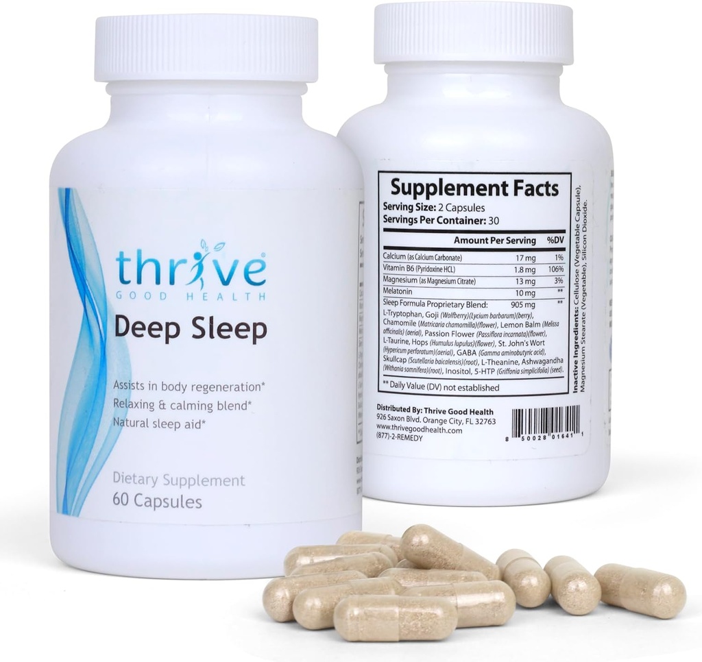 Thrive Good Deep Sleep - Sleep Supplement kalsiumkarbonaatti, B6-vitamiini - Sleep Aid Formula melatoniini, L-Tryptofaani, 5-HTP, Inositoli, Natural Plant Otteita - 60 kasviskapselit