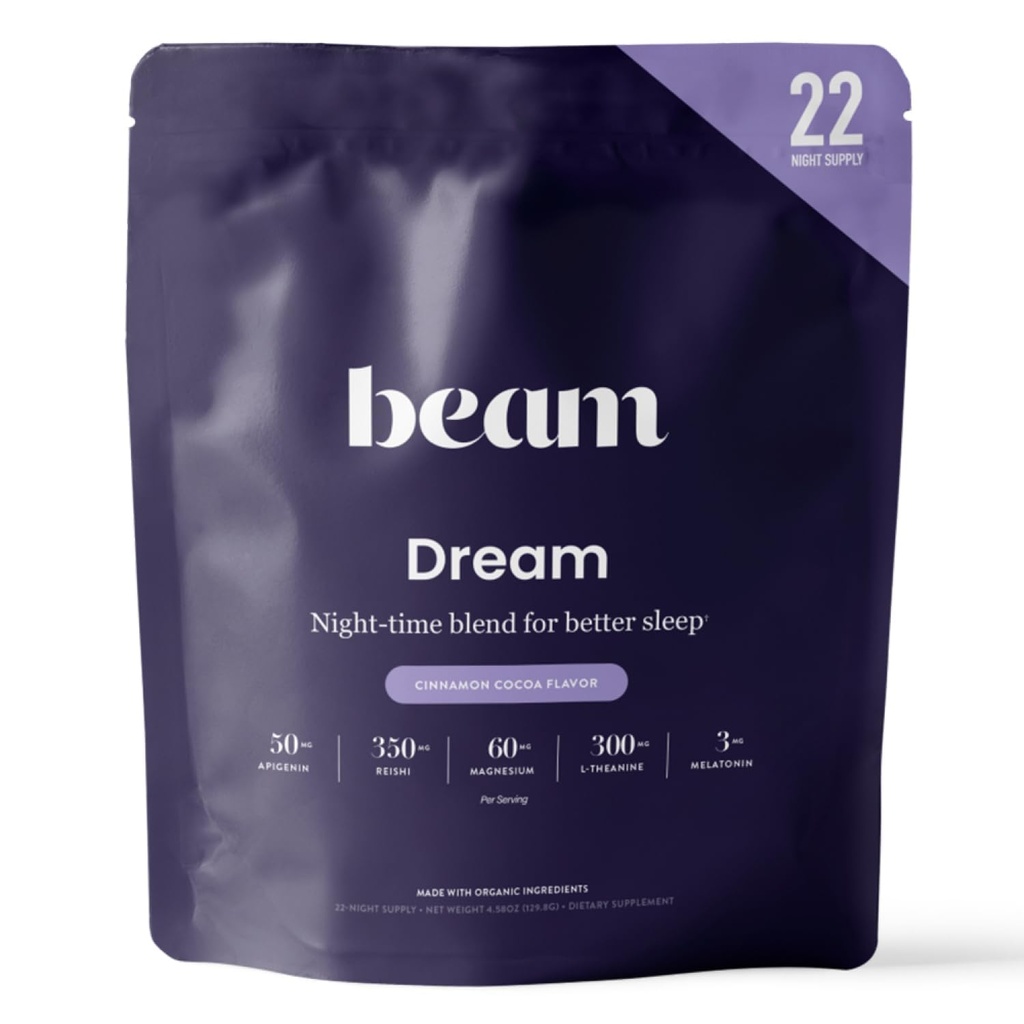 Beam Dream Sleep Powder, L-Theanine, Apigenin, Reishi och Magnesium, Tredje part testade Natural Sleep Aid & Sleep Supplement för djup sömn, avkoppling och återhämtning, naturligt sömnstöd, 22 portioner