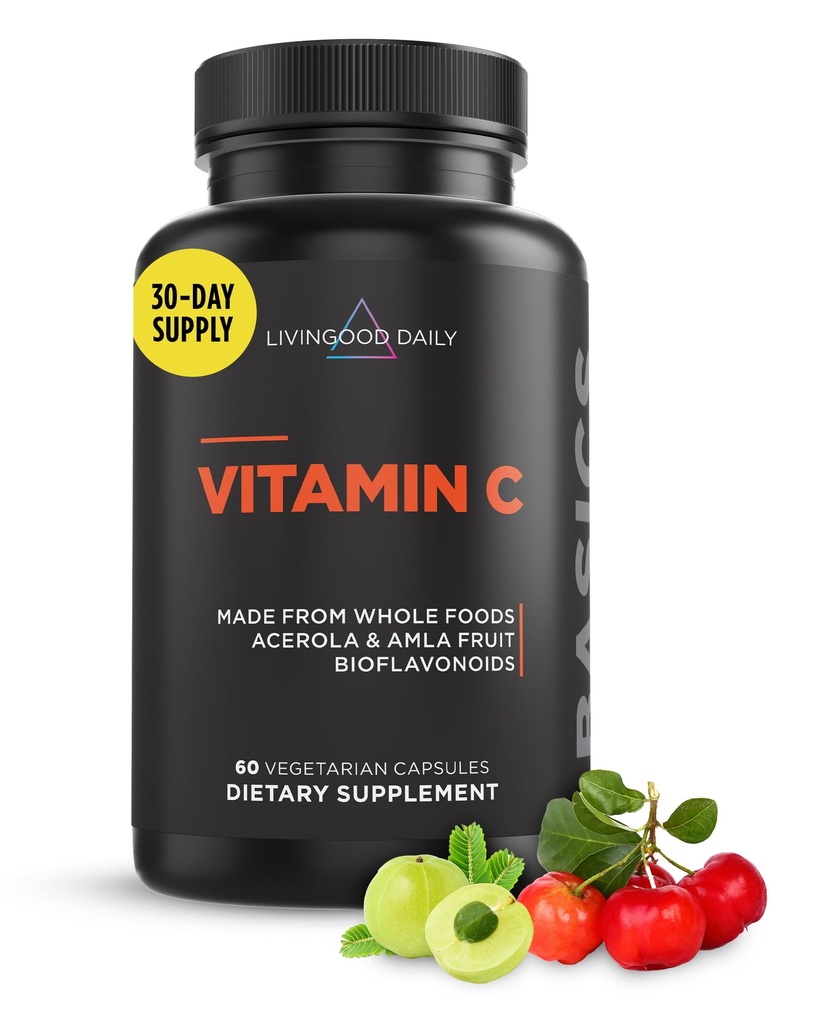 Livingood Daily Vitamin C Supplement, 3-i-1 Whole Food-Based Vitamin C med Acerola & Amla Fruit Extracts och Citrus Bioflavonoids för Immune Support, Vegan, Gluten Free, Non GMO, 60 Capsules