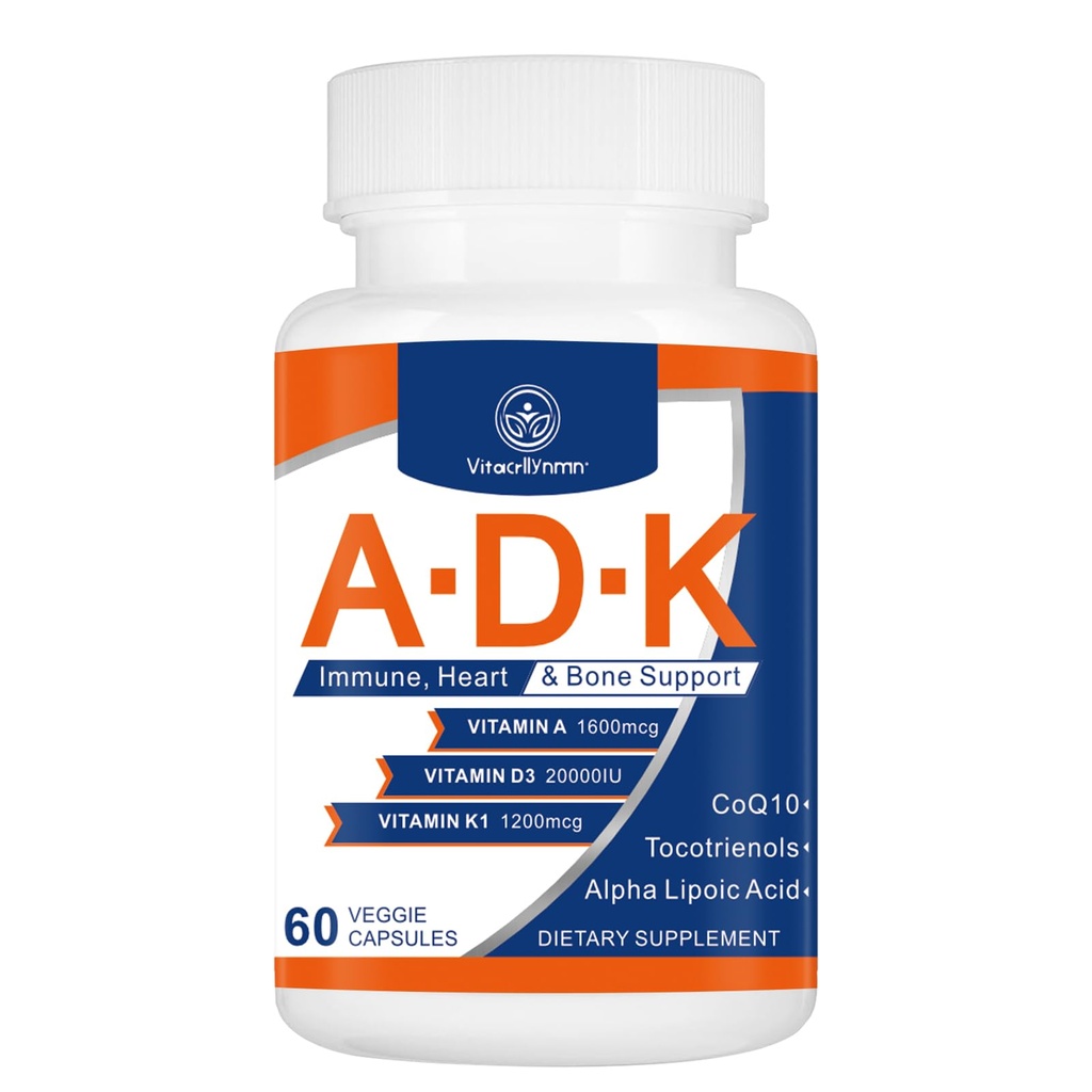 ADK Vitamin Supplement 20000 IE - High Potency Vitamins A, D3 och K1 för hjärta, benhälsa och immunsupport Vitamin ADK 60 kapslar