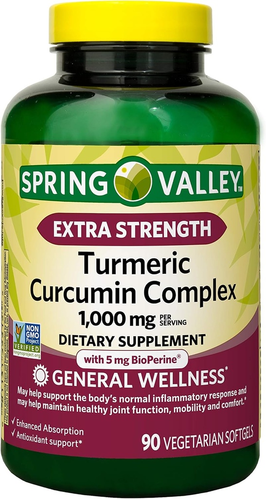 Spring Valley Extra Strength Turmeric Curcumin Complex Pehmeät geelit Ruokalisä, 1000 mg, 90