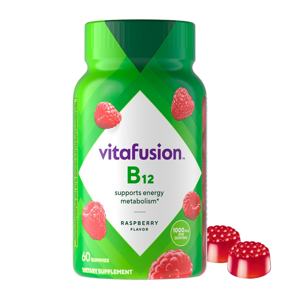 Vitafuusio B12 Gummy Vitamiinit, herkullinen vadelma maku, 60ct (30 päivän tarjonta)