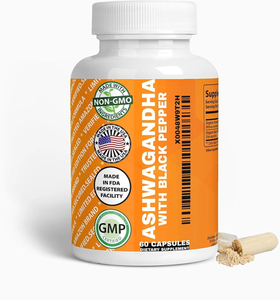 Generic Organic Ashwagandha & Black Pepper Capsules, 1300mg & 10mg, 60 Count, Boost Immuniteetti & Mood Luonnollisesti