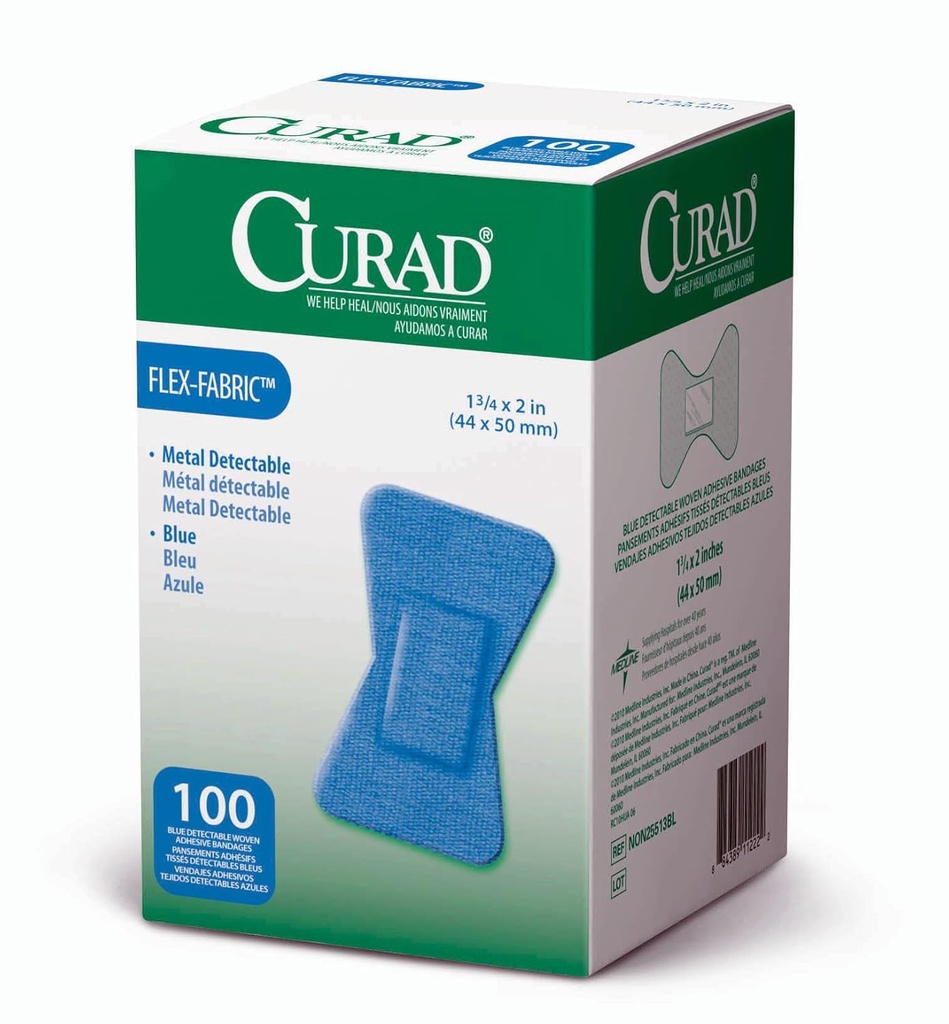Curad Fingertip Adhesive Bandages, Food Service Blue Detectable Bandage, 100 Count, Fingertip 1,75 "x 2" (Packaging kan variera)