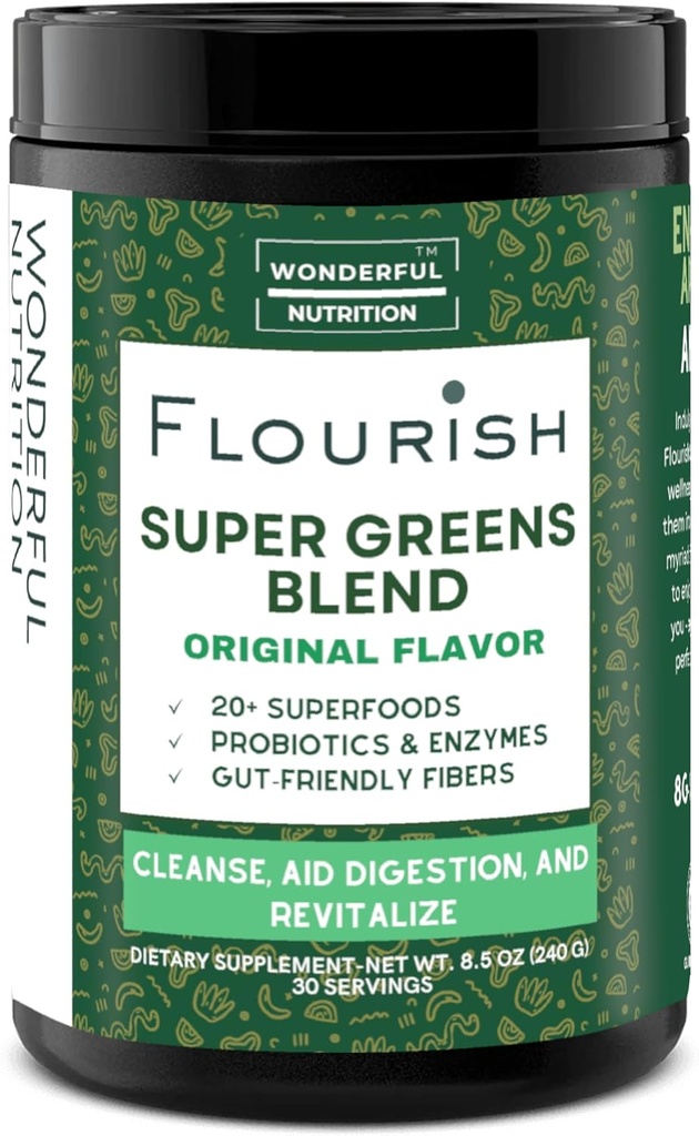 Fourish Super Greens. Vihreät Powder Mix for Energy, Klorella Organic Spirulina, Beet Root Powder, Enzymes & Probiootit, Alkuperäinen, 30 Tarjoilut