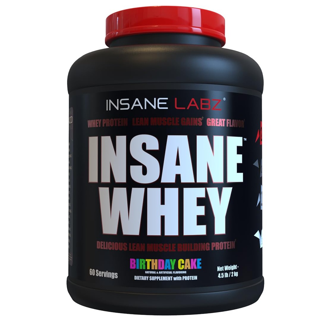 Insane Labz Insane Whey,100% Lihas Building Whey Protein, Post Treout, BCAA Amino Profile, Mass Gainer, Aterian korvaaminen, 5lbs, 60 Srvgs, (Birthday Cake)