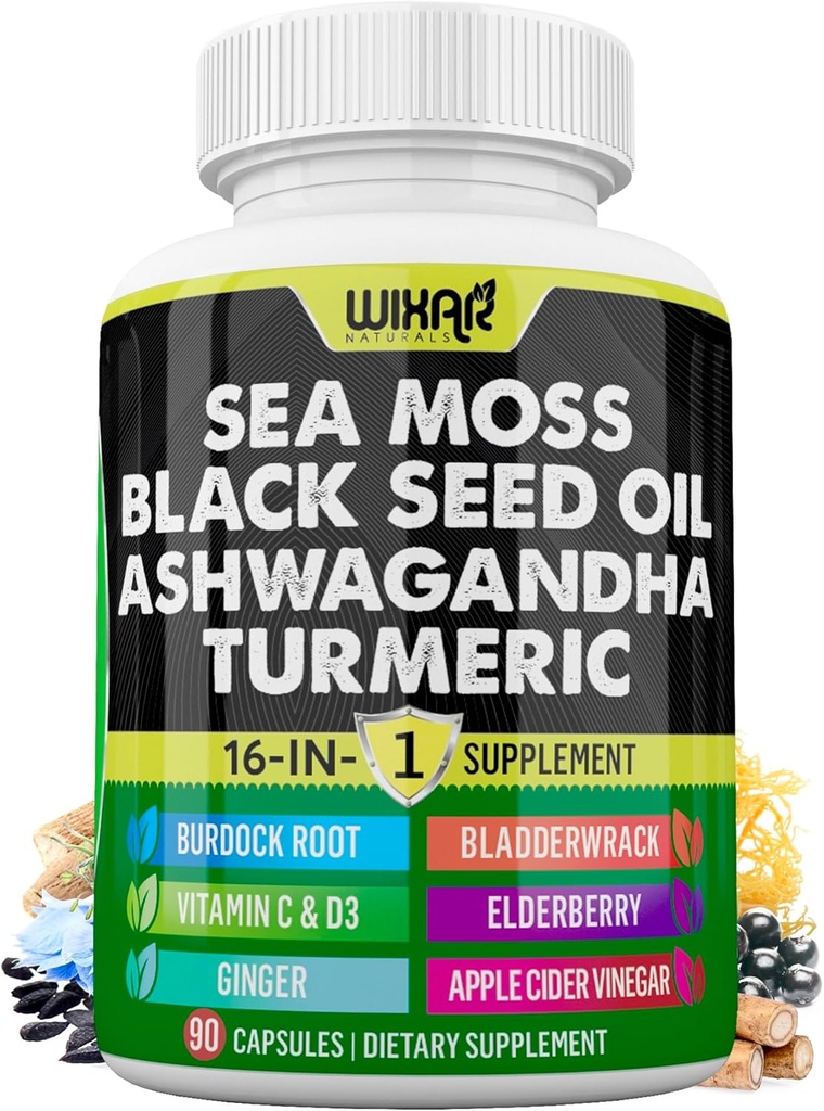 Wixar Sea Moss 3000mg Musta siemenöljy 2000mg Ashwagandha 1000mg Turmeric 1000mg Blackwrack 1000mg Budock 1000mg & Vitamiini C & D3 kanssa Elderberry Dandelion Keltainen Dock klorofylli ACV - 90 kapselia