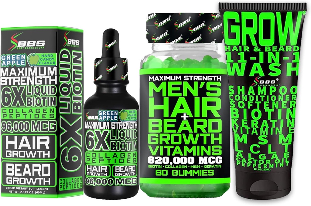 Parran kasvu Kit w/Grow 11-in-1 hiusten kasvu Shampoo miehille & hoitoaine w/Biotin + parta kasvu vitamiineja & hiusten kasvu vitamiineja miehille + 6X Liquid Biotin Collagen - Formuloitu Amerikassa