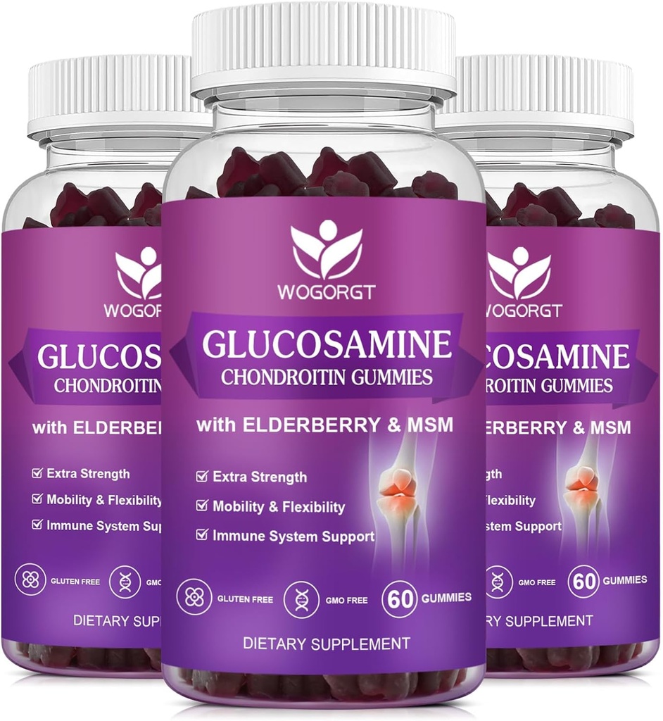 Glukosamin Chondroitin Gummies med MSM & Elderberry - 1500mg Glukosamin Chondroitin Gummies Supplement för flexibilitet och immunstöd för män och kvinnor, 60 Gummies (3 Pack)