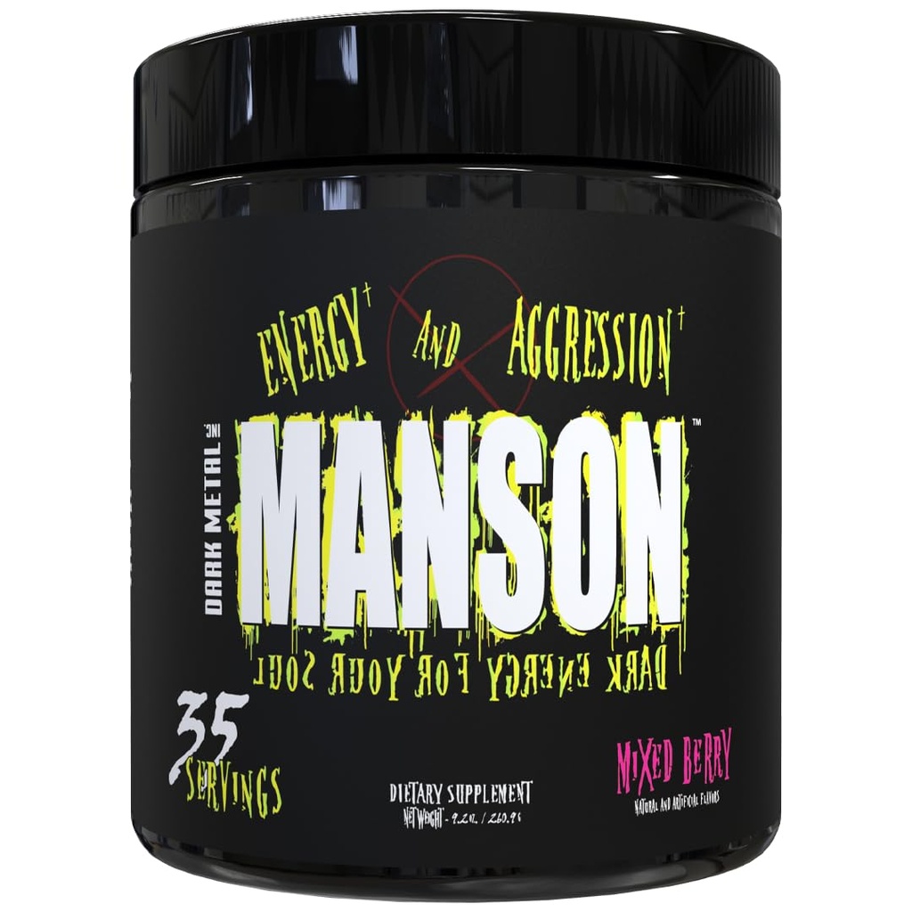 DARK METAL Inc Manson High Stim Pre Workout Powder, Energy Focus Strength, Loaded med Beta Alanine L Carnitine Caffeine Infinergy, 35 Srvgs, Mixed Berry