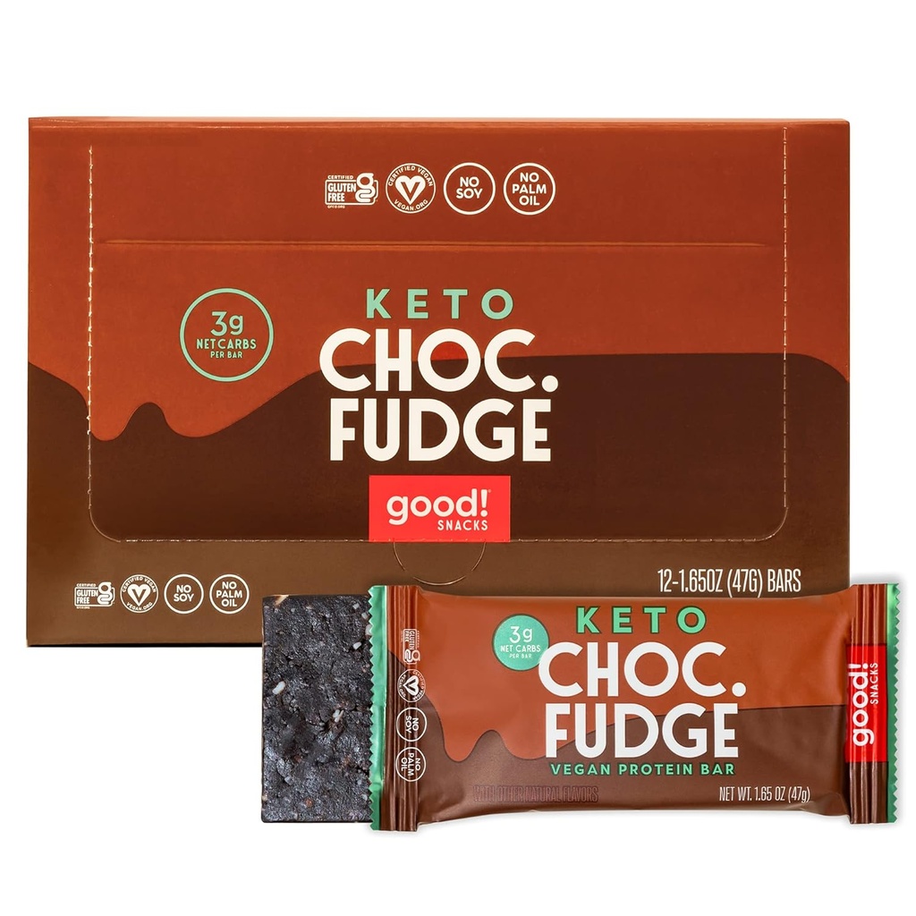 Bra! Snacks Chocolate Fudge Keto Protein Bar, Vegan, Soy & Gluten Free, Low Sugar Meal Replacement, 11g High Protein, Natural Healthy Snack, För idrottare & Aktiva livsstilar, 3g Net Carbs, 12 Bars