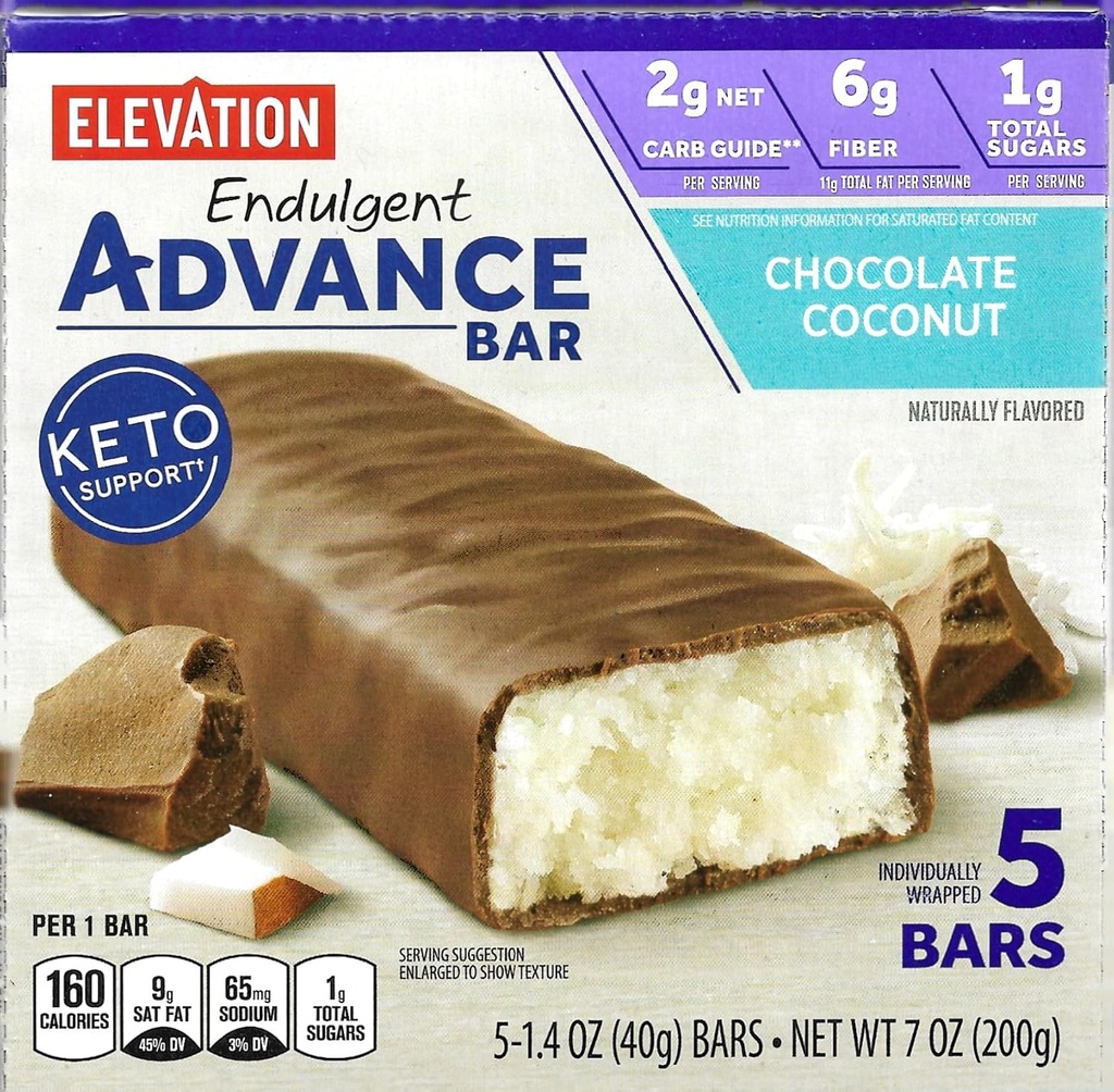 Millville korkeus Advance Chocolate Coconut Bars, Carb Tietoinen, 5g proteiinia, reseptejä. Yksi laatikko 5, 1.4oz Yksittäin kääritty Bars. Bundle sisältää 2 reseptejä, 5 baaria.