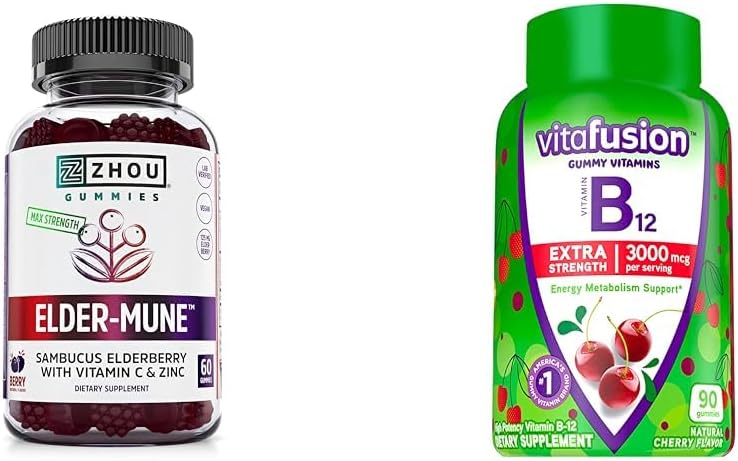ZHOU Nutrition Elderberry Gummies Immuuneja tuki B12-vitamiinia Gummien energian aineenvaihdunta tuki, 60 ja 90