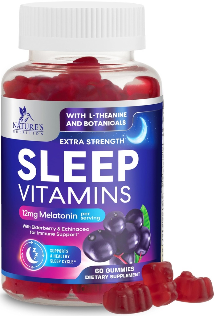 Sleep Gummies kanssa Melatoniini 12 mg - Extra Strength Univitamiini Gummy, Natural Melatoniini Gummy, Satunnainen uni tuki täydentää aikuisille, Vegaani, ei-GMO, Gomitas para Dormir - 60 Gummies