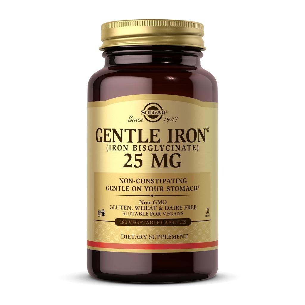 Solgar Lievä rauta (Iron Bisglysinaatti) 25 mg - 180 Vihanneskapselit - Ei-kosteuttava, Hellävaraisesti vatsalla - ei-GMO, Gluteenittomat - 180 tarjoilua