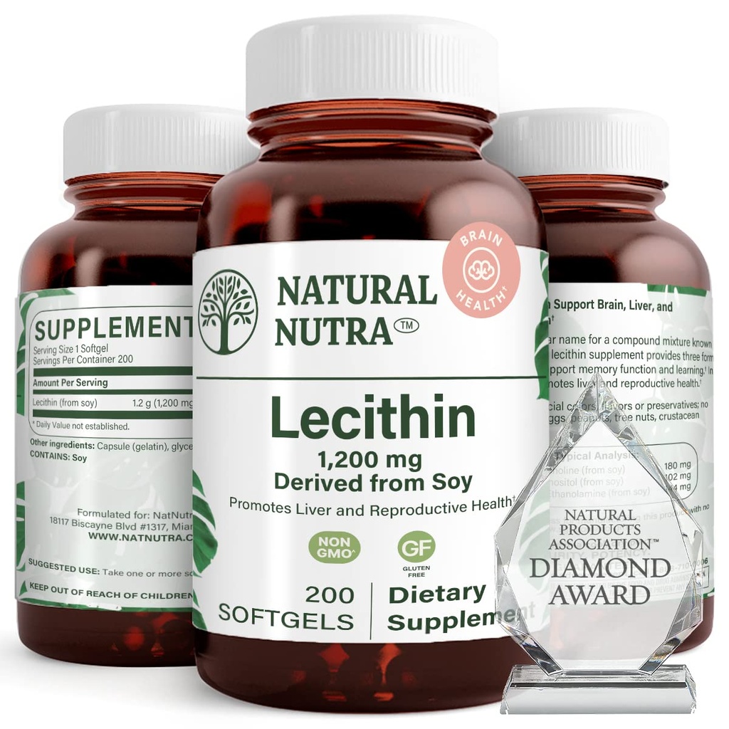 Natural Nutra Soy Lecithin 1200 mg Dietary Supplement - Brain Function, Liver Health, Förbättra Procreant Health, Boosting Supplement - Gluten-Free, BPA-Free, 200 Softgels i återvinningsbara glasflaskor