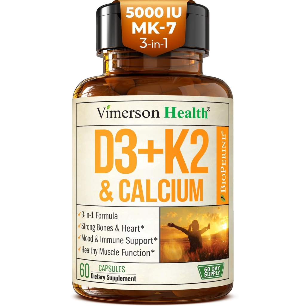 Vitamin D3 K2 Supplement - All-in-1 Support för Immune, Bone & Heart Health med vitamin D + Vitamin K (som MK7) - K2 D3 (5000 IE) Vitamin Supplement med Black Pepper för Max Absorption, 60 kapslar