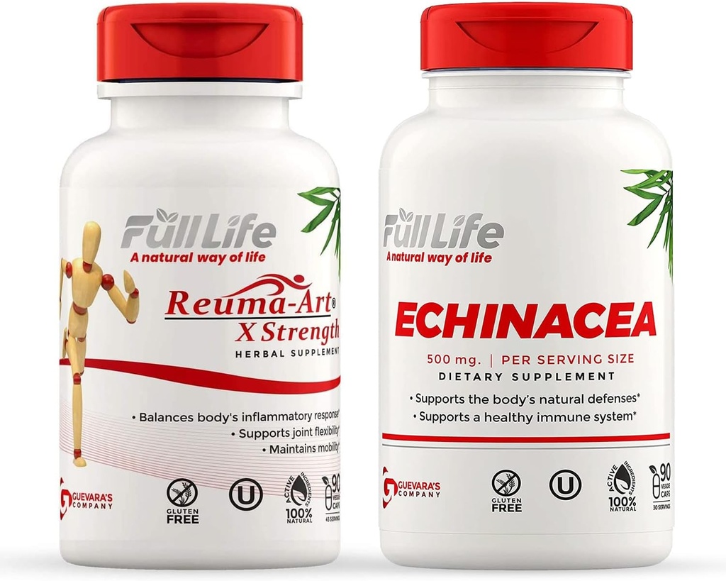 Full Life Reuma-Art X Strength ja Echinacea Capsules - Joint Support Supplement - Echinacea Purpurea Extract - Kosher, Gluteeniton - 90 Kasviskapselit Jokainen