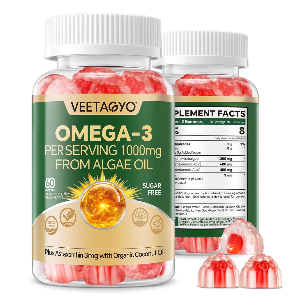 Vegan Omega 3 Gummies 1200mg - Dual Layer - Fish Oil Alternative, Marine Algae Omega 3 täydentää DHA 600mg, EPA 400mg kanssa Astaksantiini,Sugar Free,60 Cts