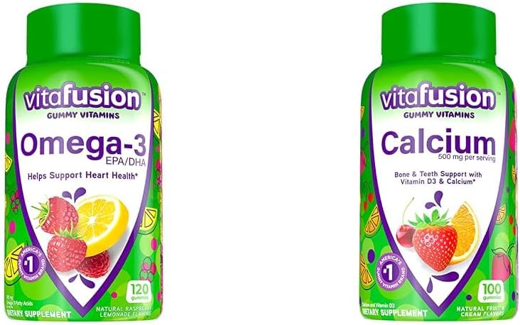 Vitafuusio Omega-3 Gummy Vitamiinit, Berry Lemonade Maustettu, Heart Health Vitamiineja(1) & Pureskeltava Kalsium Gummy Vitamiinit luun ja hampaiden tukea, hedelmät ja kerma Maustettu