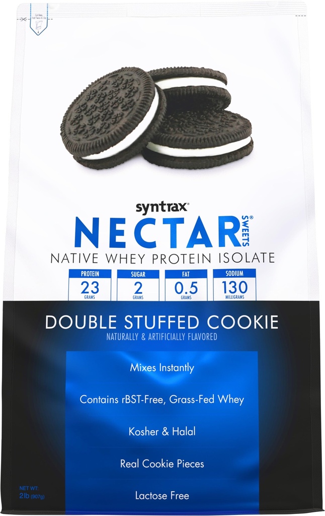 Syntrax Nutrition Nectar Sweets, 100% Whey Isolate Protein Powder, Double Stuffed Cookie, 2 kg. w/Real Cookie Pieces.