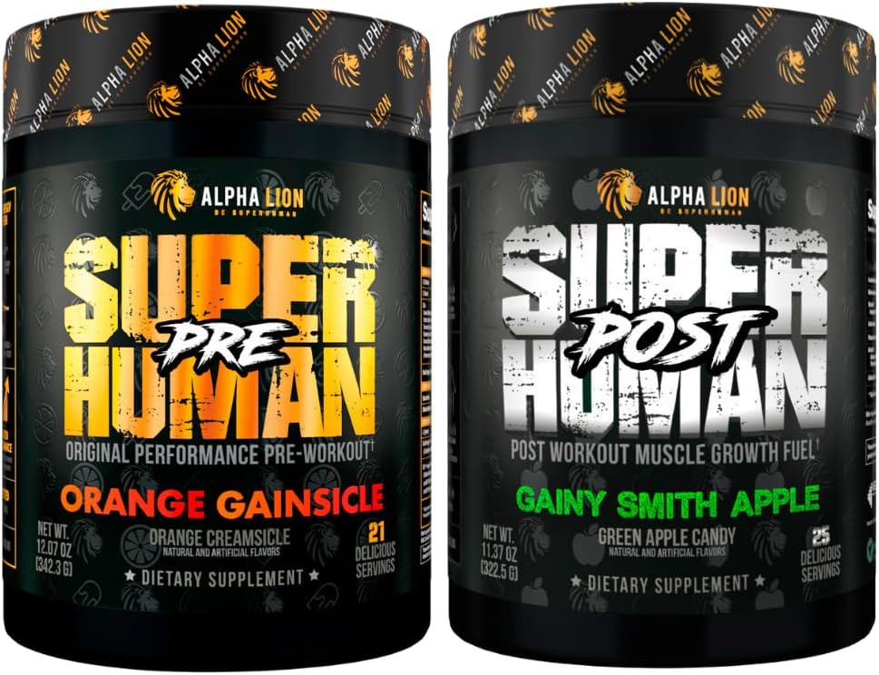 AAKKOSELLINEN LION Superhuman Pre workout Powder & Post Treout Recovery Bundle, jatkuva energia & Focus + lean lihasten kasvu, vahvuus & tilavuus (Hulk Juice & Gainey Smith Apple)