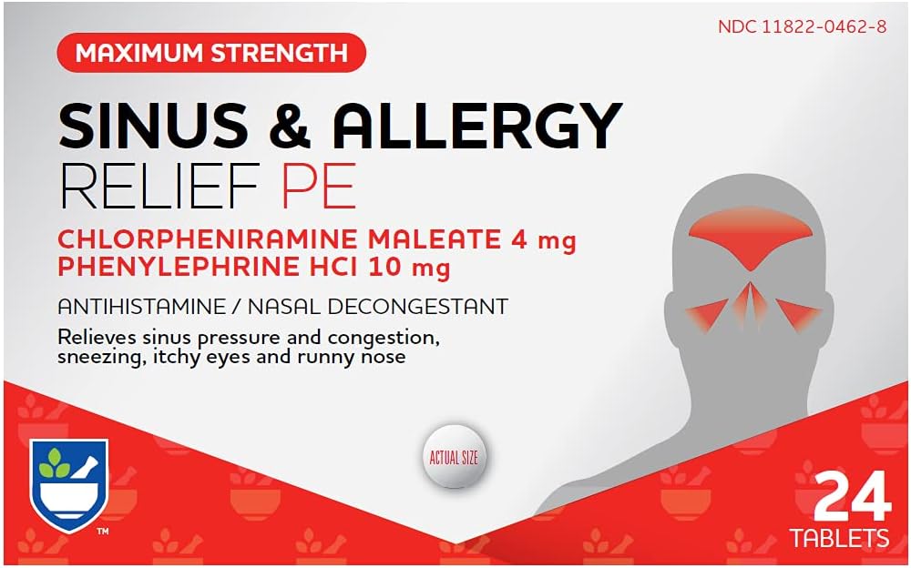 Rite Aid Sinus & Allergy Relief PE tabletter, maximal styrka-24 greve | Antihistamin och Nasal Decongestant | 4 timmars allergimedicinering | Allergi och överbelastning