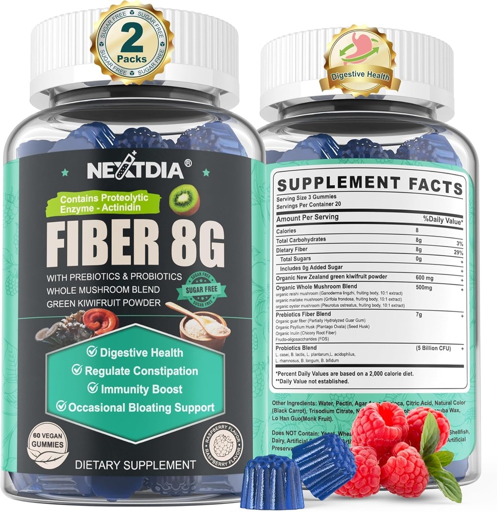 Sugar Free Prebiotic Fiber Supplement for Women & Men ... 8G High Fiber Gummies with Mushroom, Psyllium Husk, Ruoansulatuskanavan Enzymes, Guar Gum, Inulin to Support Gut & Dgestive Health ...120 Vegan Gummies