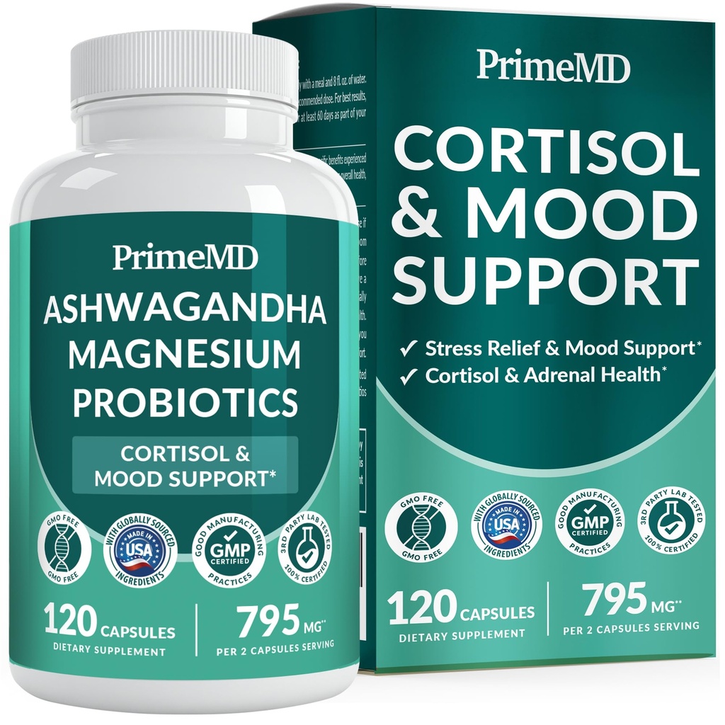 5-in-1 Cortisol Supplement naisille ja miehille Ashwagandha rauhoittaa, keskittyä, ja lisäravinteet Shilajit Extract, Magnesium Glycinate, Probiootit (120 ct) (Pakkaus 1)