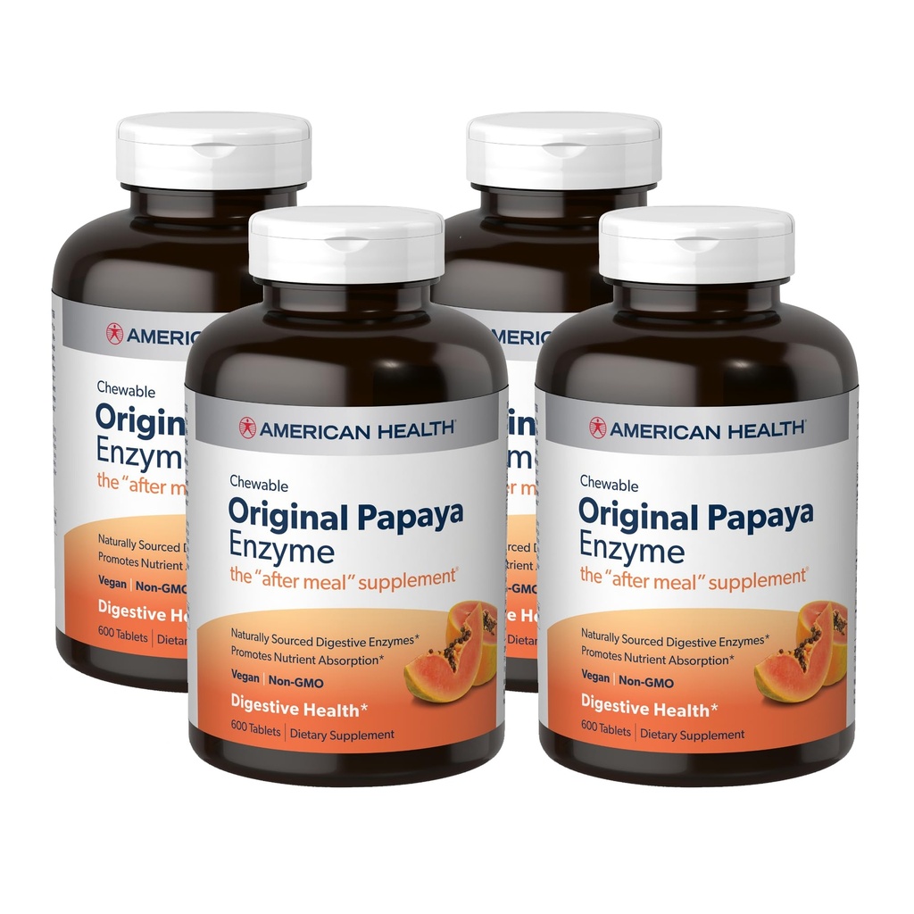 American Health Original Papaya Enzyme - 600 Tabletter, Pack 4 - Eftermålstillägget - Icke-GMO, Vegan - 800 Totala portioner
