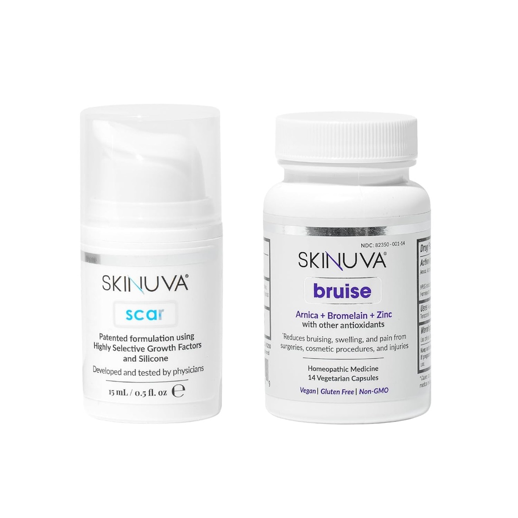 Skinuva® Scar (0,5 oz) & Bruise (14 kapselia) - Advanced Silicone Cream Formulated with Growth Factors & Homepatic Bruise Remedy Formulated with Arnica, bromelain & Sinkki
