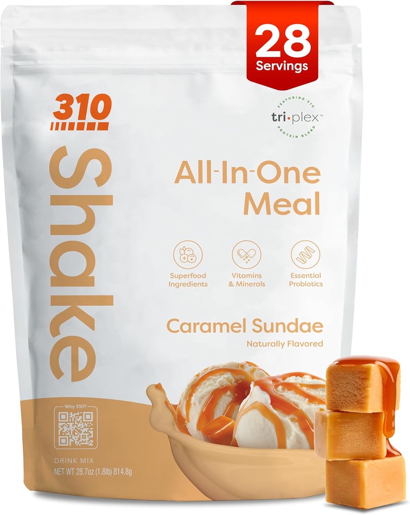 310 Nutrition All-In-One Ateriankorvike Shake Powder - Kasvipohjainen proteiini Smoothie Blend w/High Fiber, Probiootit & Adaptogens - Low Carb, Vegan, Keto & Paleo Friendly - Caramel Sundae - 28 Srv