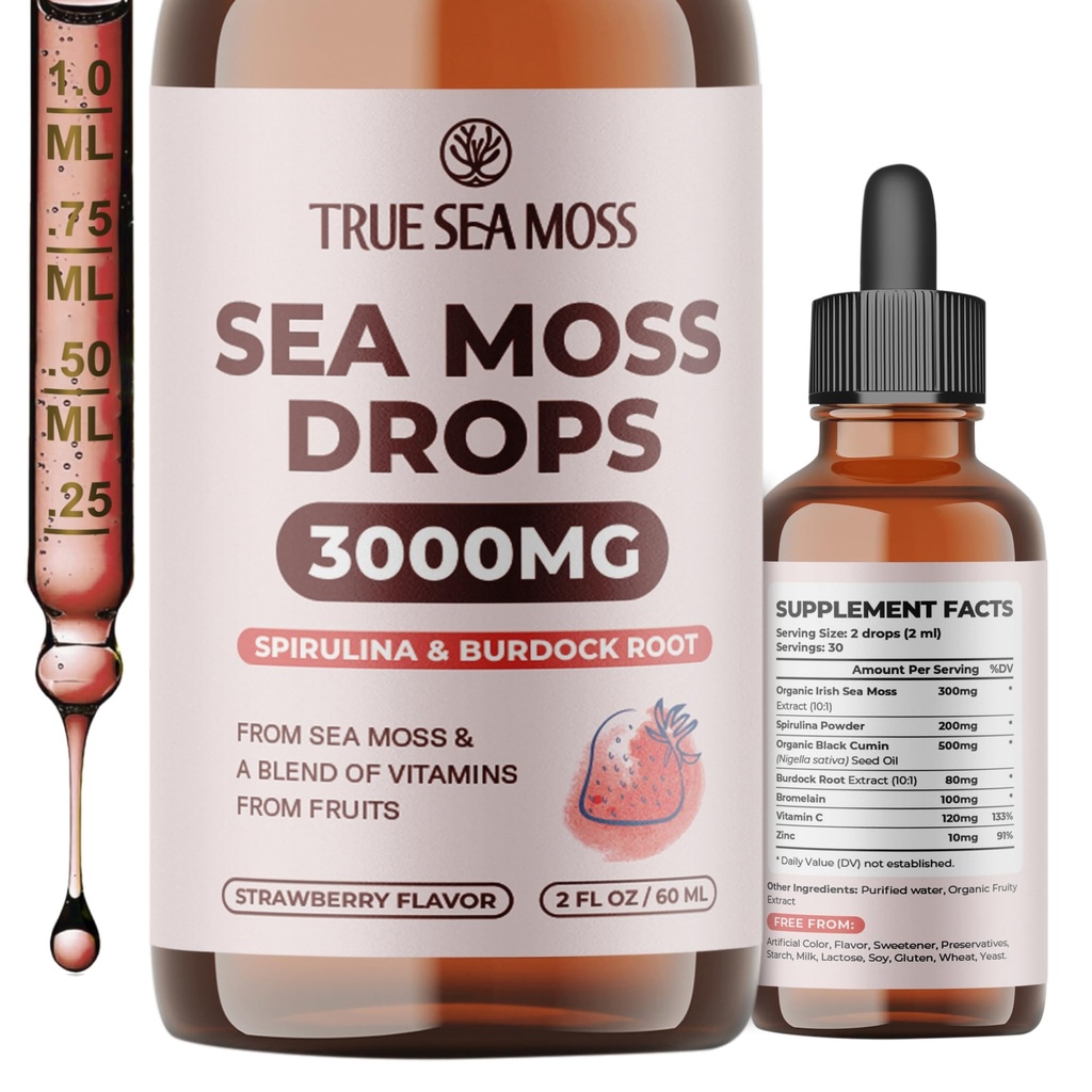 TrueSeaMoss Irish Sea Moss Drops - 5X Vahvempi kuin Sea Moss Gel - 92+ Essentials Minerals - Spirulina Powder, Burdock Root & Black Cumin - 2 Fl Oz (60ml) - Mansikka maku